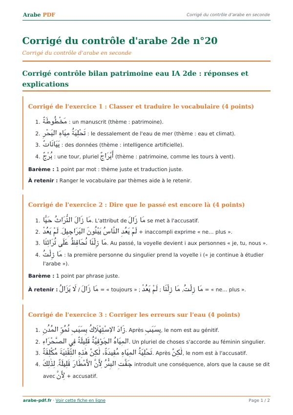 Corrigé du contrôle « Corrigé du contrôle d’arabe 2de n°20 » en PDF