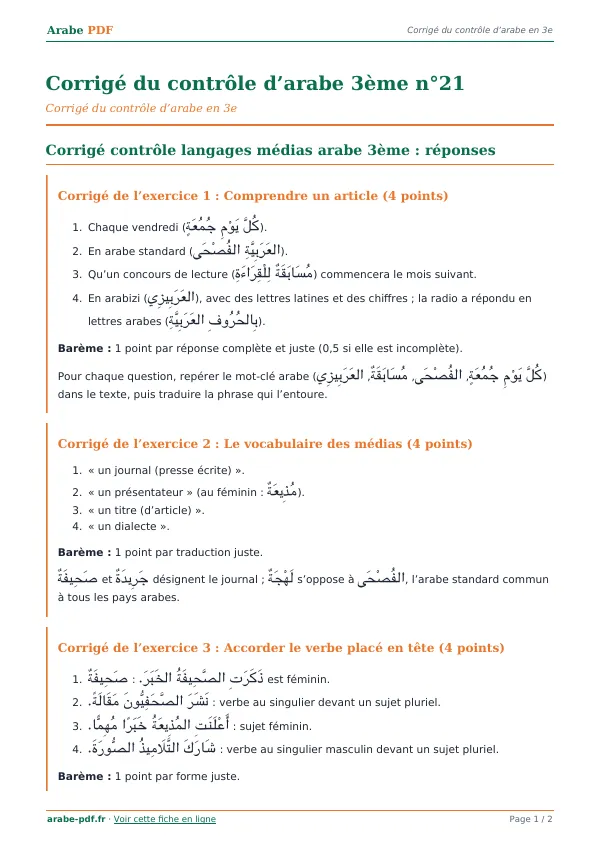 Corrigé du contrôle « Corrigé du contrôle d’arabe 3ème n°21 » en PDF