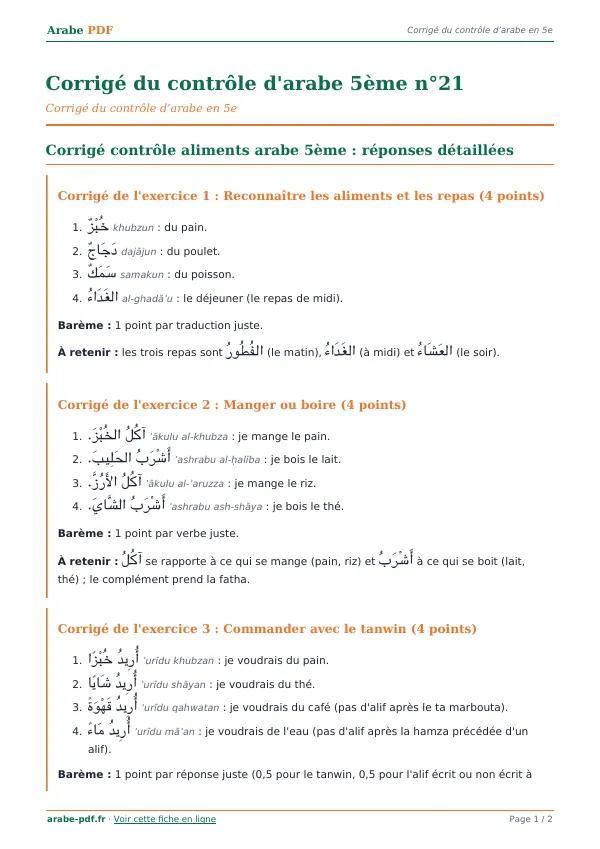 Corrigé du contrôle « Corrigé du contrôle d’arabe 5ème n°21 » en PDF