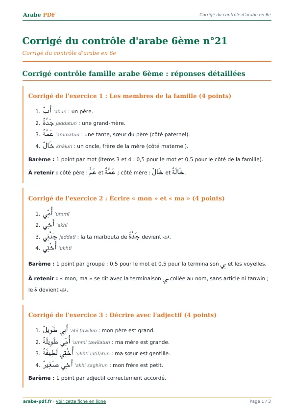 Corrigé du contrôle « Corrigé du contrôle d’arabe 6ème n°21 » en PDF