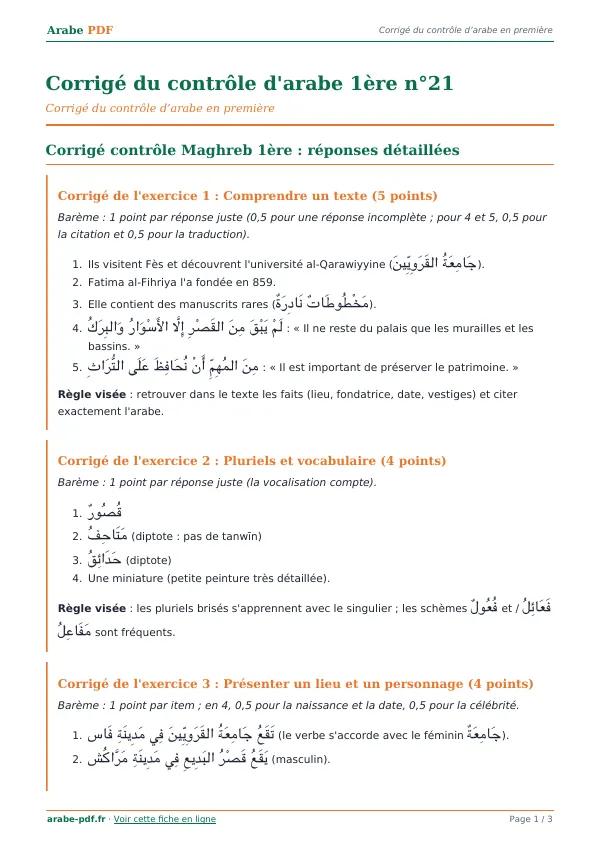 Corrigé du contrôle « Corrigé du contrôle d’arabe 1ère n°21 » en PDF