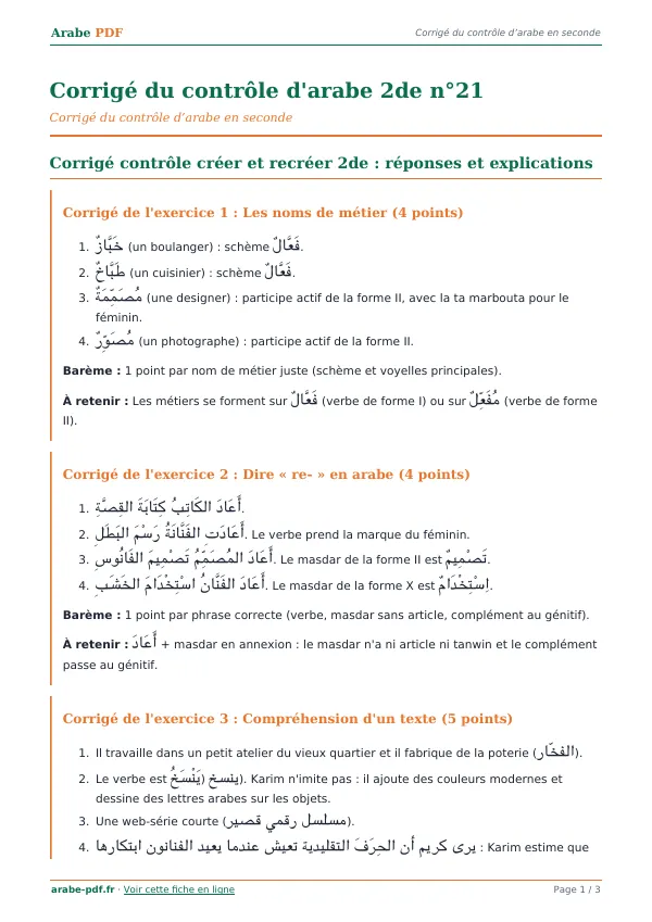 Corrigé du contrôle « Corrigé du contrôle d’arabe 2de n°21 » en PDF