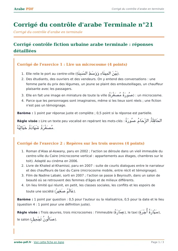 Corrigé du contrôle « Corrigé du contrôle d’arabe Terminale n°21 » en PDF