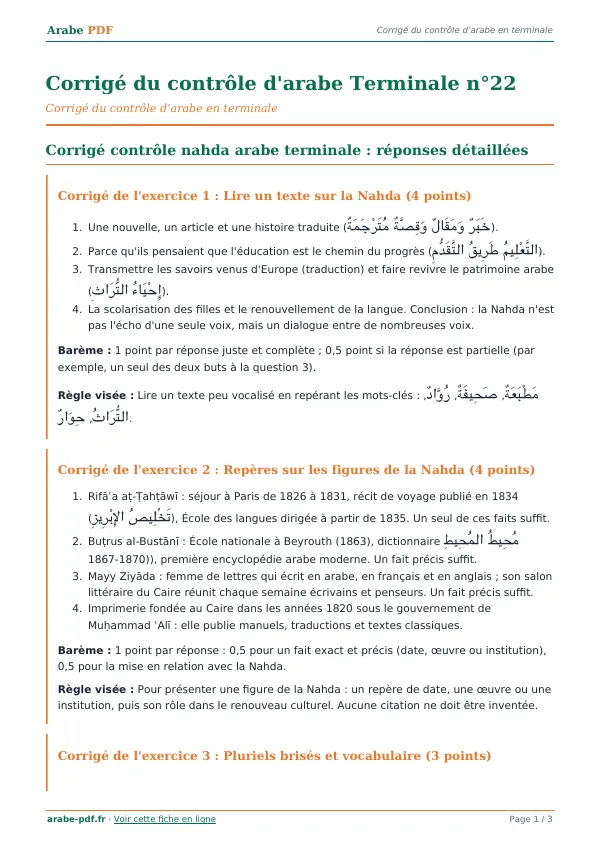 Corrigé du contrôle « Corrigé du contrôle d’arabe Terminale n°22 » en PDF