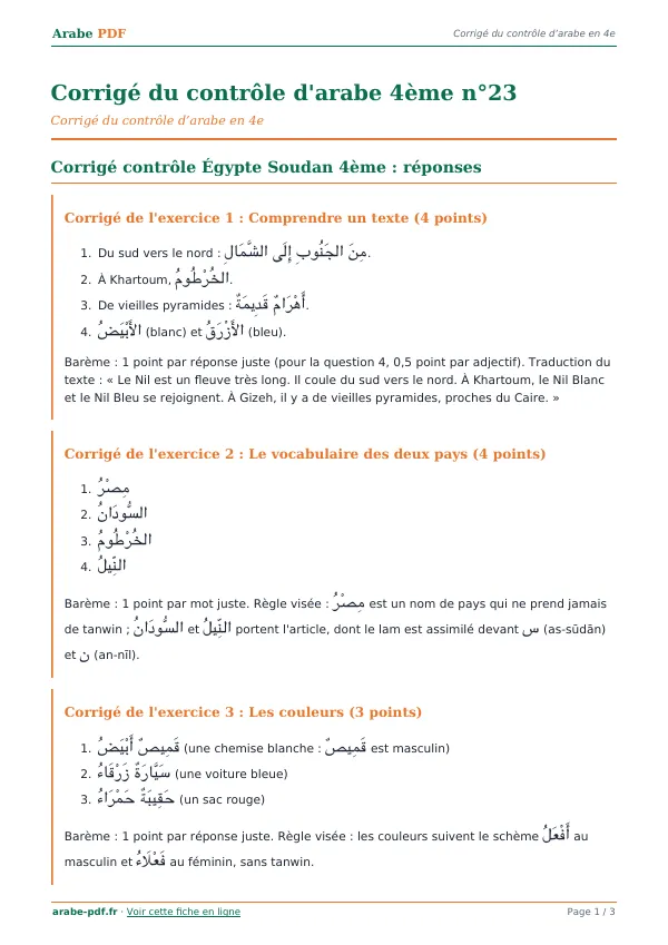 Corrigé du contrôle « Corrigé du contrôle d’arabe 4ème n°23 » en PDF