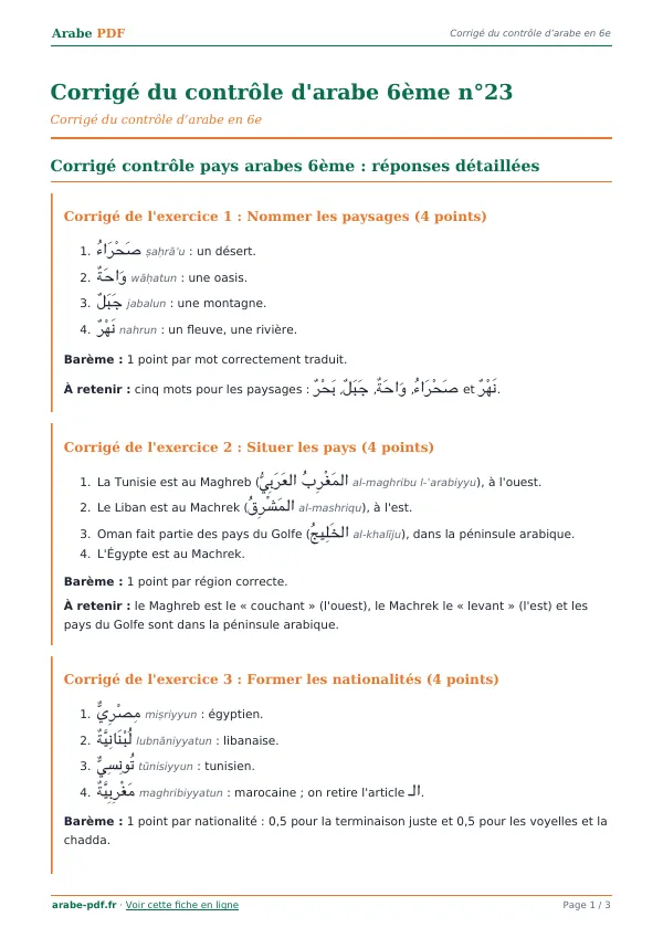 Corrigé du contrôle « Corrigé du contrôle d’arabe 6ème n°23 » en PDF