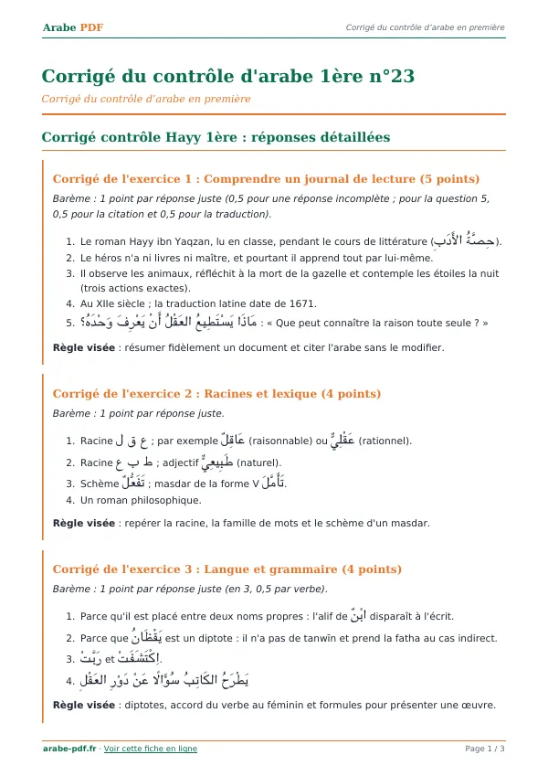 Corrigé du contrôle « Corrigé du contrôle d’arabe 1ère n°23 » en PDF