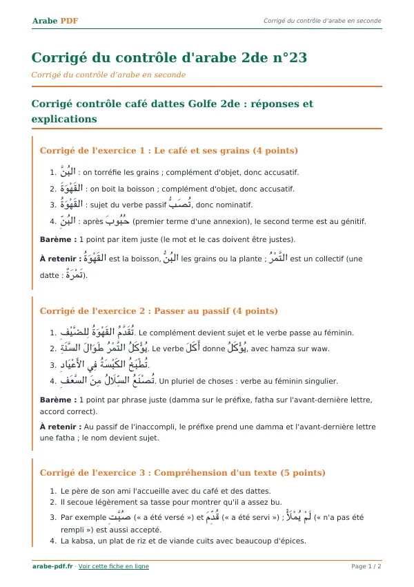 Corrigé du contrôle « Corrigé du contrôle d’arabe 2de n°23 » en PDF