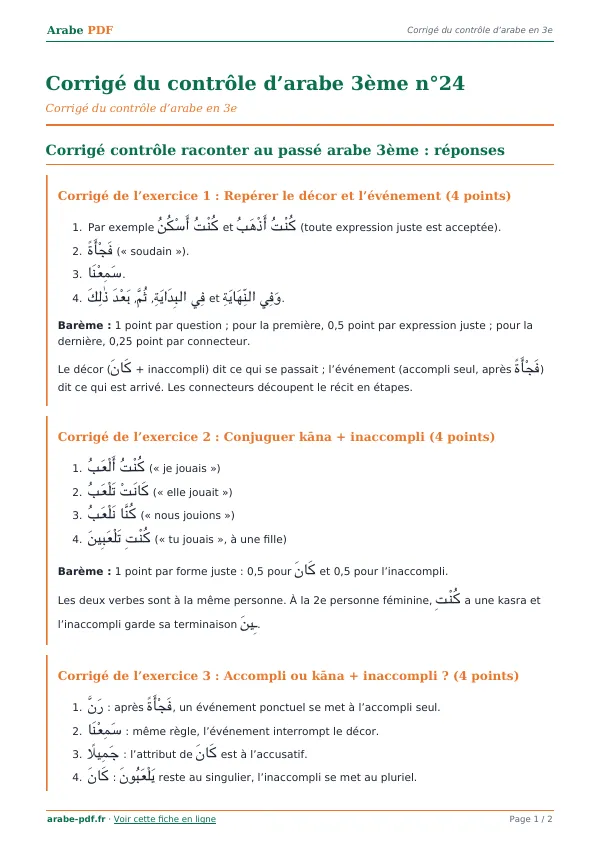 Corrigé du contrôle « Corrigé du contrôle d’arabe 3ème n°24 » en PDF