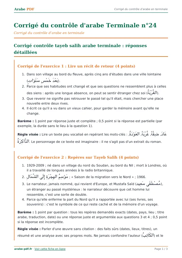 Corrigé du contrôle « Corrigé du contrôle d’arabe Terminale n°24 » en PDF