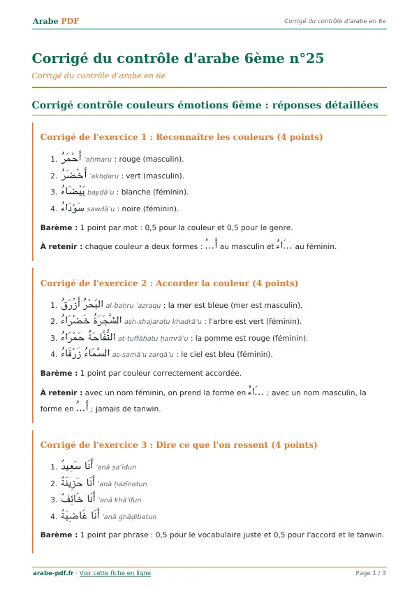 Corrigé du contrôle « Corrigé du contrôle d’arabe 6ème n°25 » en PDF