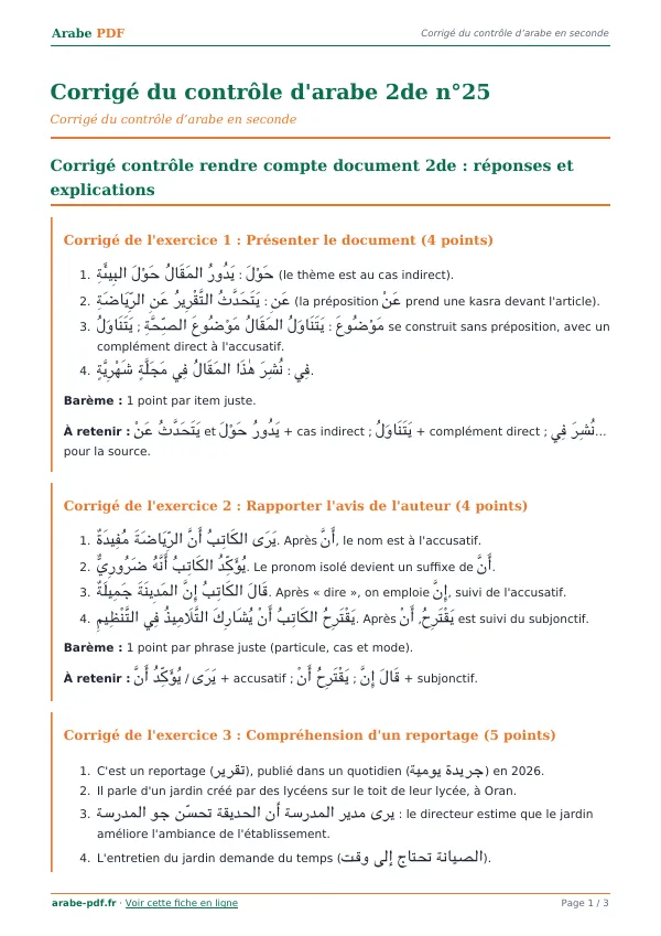 Corrigé du contrôle « Corrigé du contrôle d’arabe 2de n°25 » en PDF