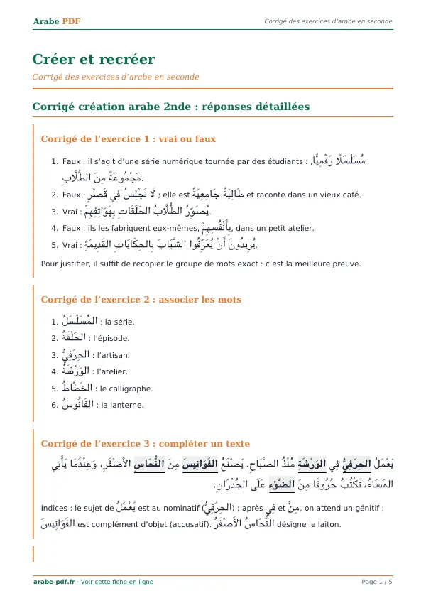Corrigé « Créer et recréer » en PDF