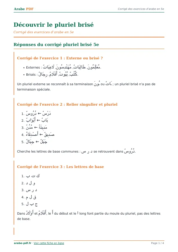 Corrigé « Découvrir le pluriel brisé » en PDF