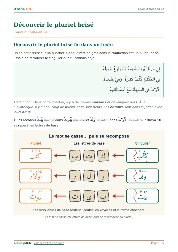 Cours « Découvrir le pluriel brisé » en PDF