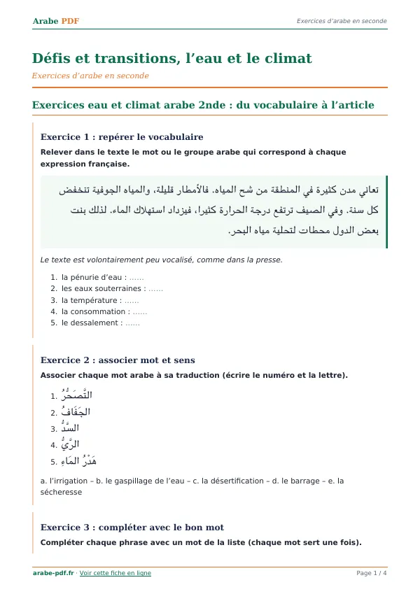 Exercices « Défis et transitions, l’eau et le climat » en PDF
