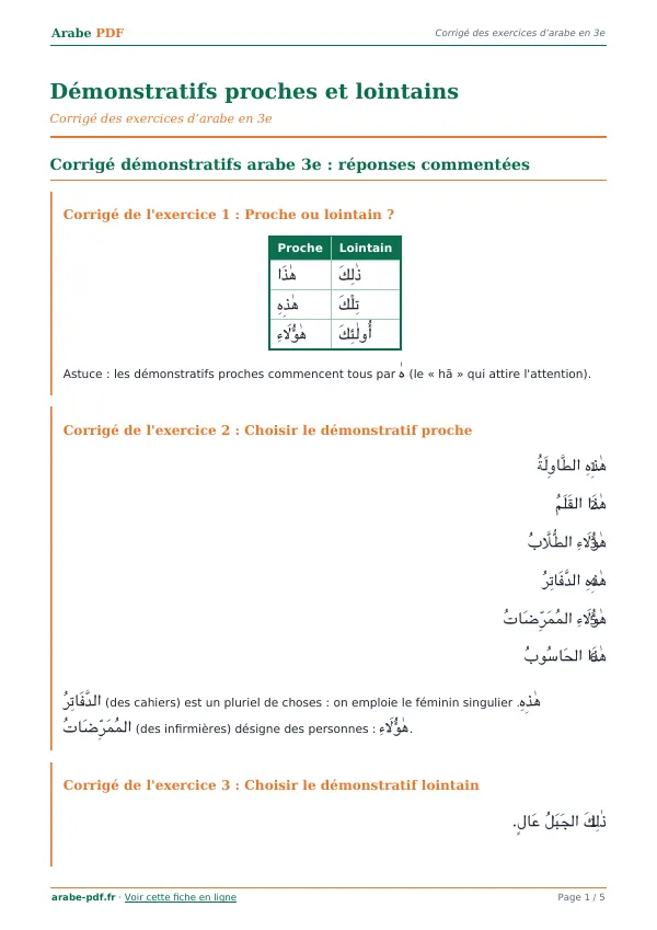 Corrigé « Démonstratifs proches et lointains » en PDF