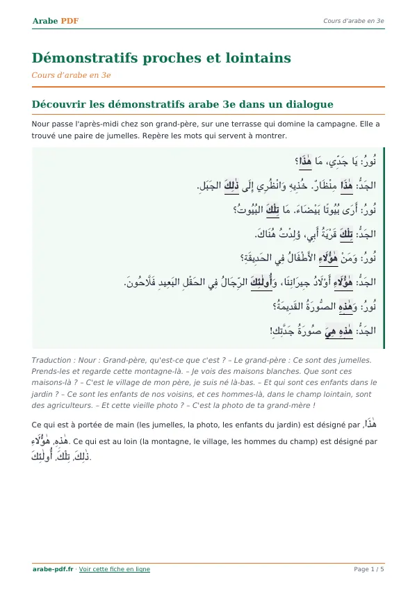 Cours « Démonstratifs proches et lointains » en PDF