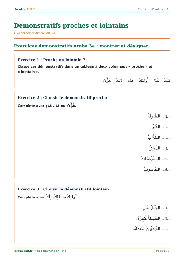 Exercices « Démonstratifs proches et lointains » en PDF