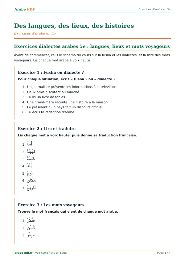Exercices « Des langues, des lieux, des histoires » en PDF