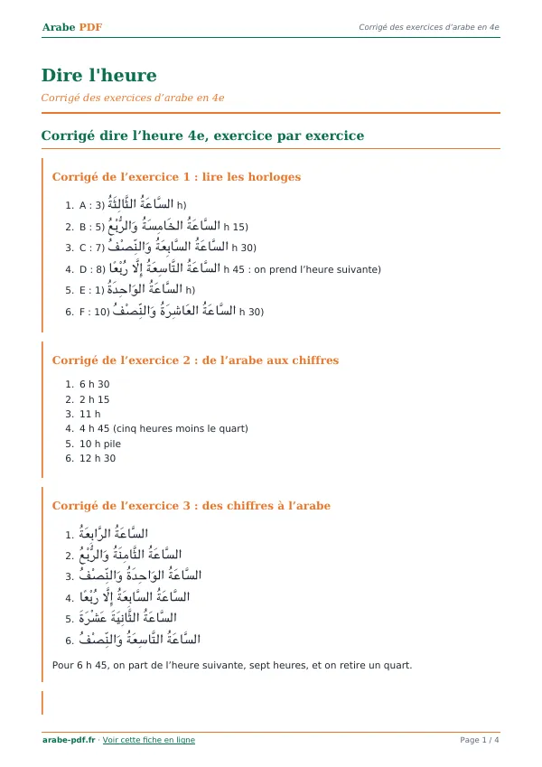 Corrigé « Dire l’heure » en PDF