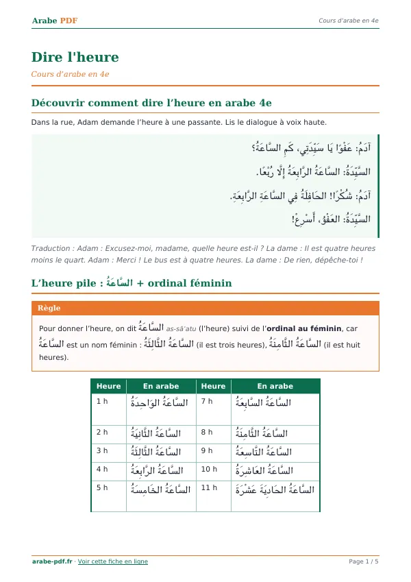 Cours « Dire l’heure » en PDF