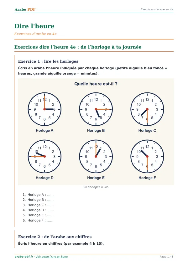 Exercices « Dire l’heure » en PDF