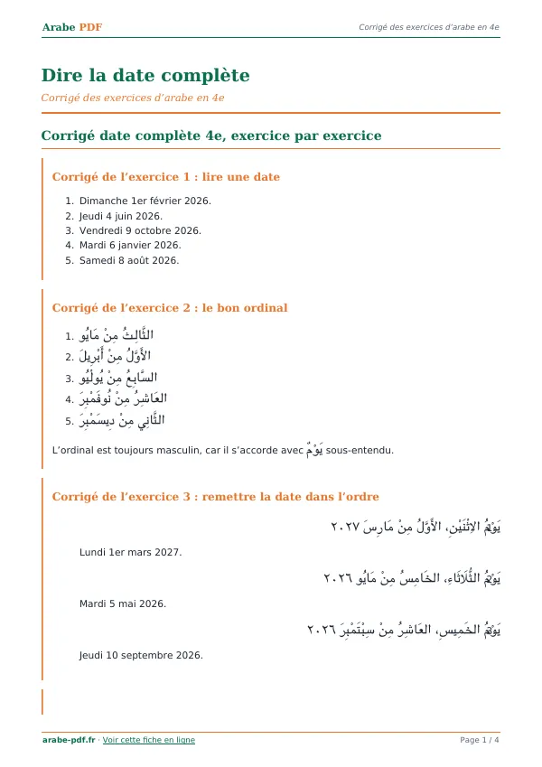 Corrigé « Dire la date complète » en PDF