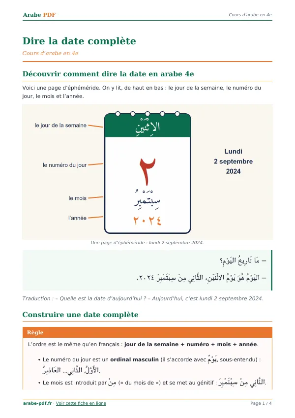 Cours « Dire la date complète » en PDF