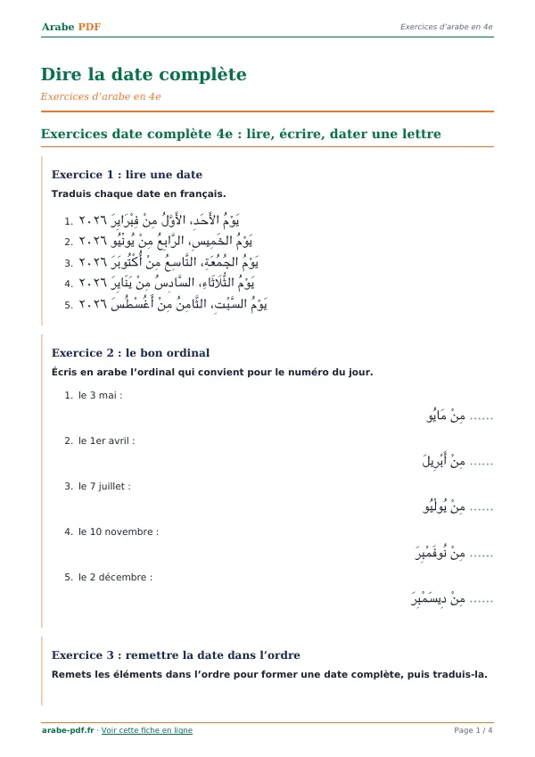 Exercices « Dire la date complète » en PDF