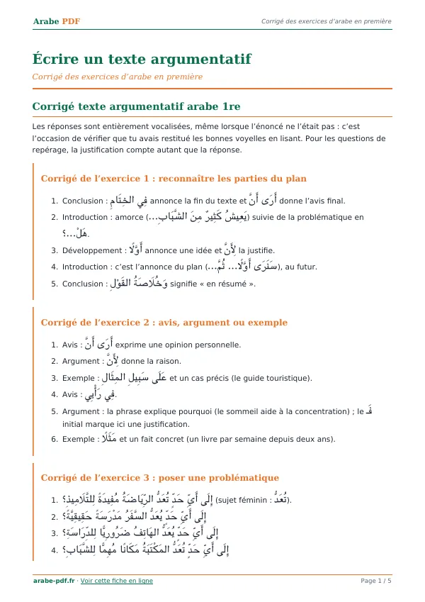 Corrigé « Écrire un texte argumentatif » en PDF