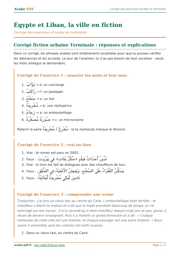 Corrigé « Égypte et Liban, la ville en fiction » en PDF