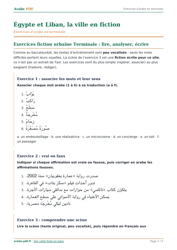 Exercices « Égypte et Liban, la ville en fiction » en PDF