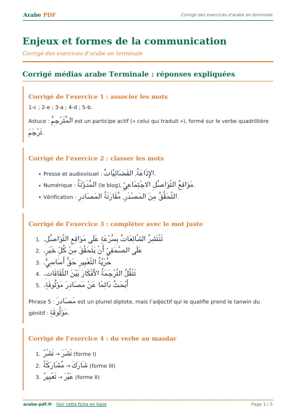 Corrigé « Enjeux et formes de la communication » en PDF