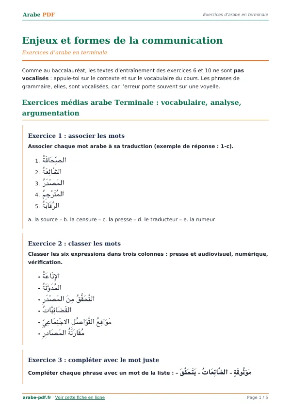 Exercices « Enjeux et formes de la communication » en PDF