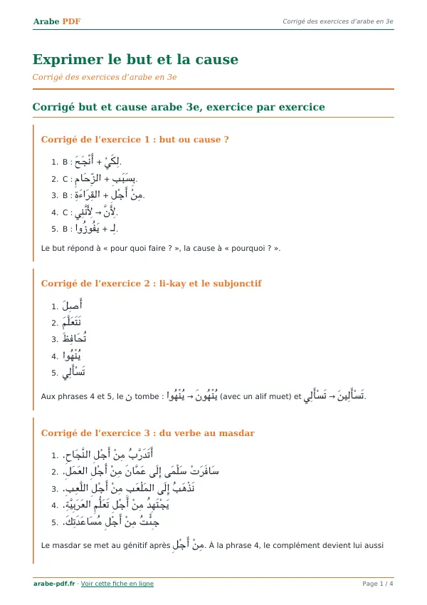 Corrigé « Exprimer le but et la cause » en PDF