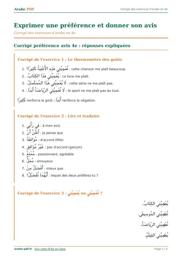 Corrigé « Exprimer une préférence et donner son avis » en PDF
