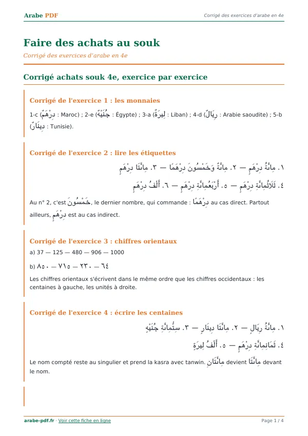 Corrigé « Faire des achats au souk » en PDF