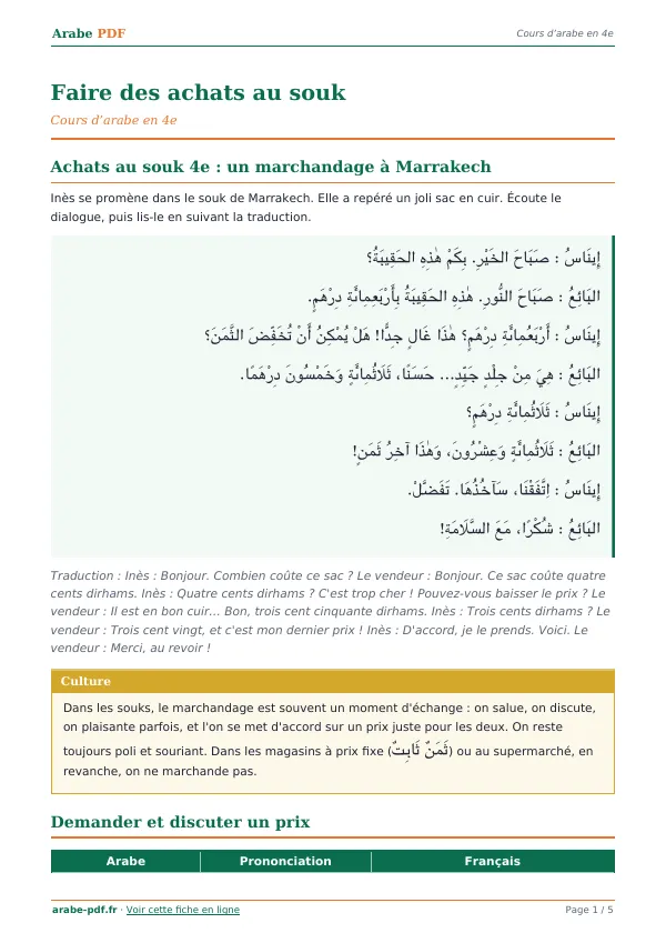 Cours « Faire des achats au souk » en PDF