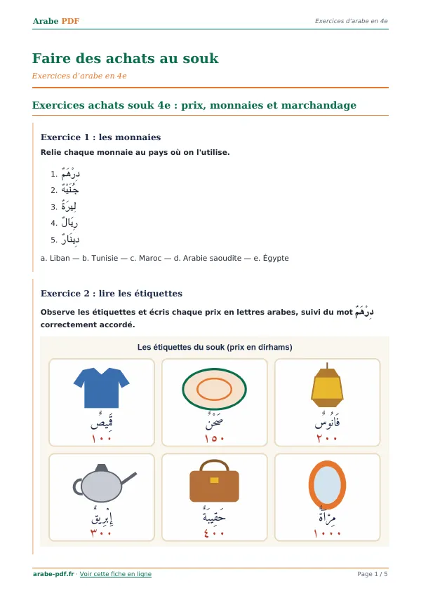 Exercices « Faire des achats au souk » en PDF