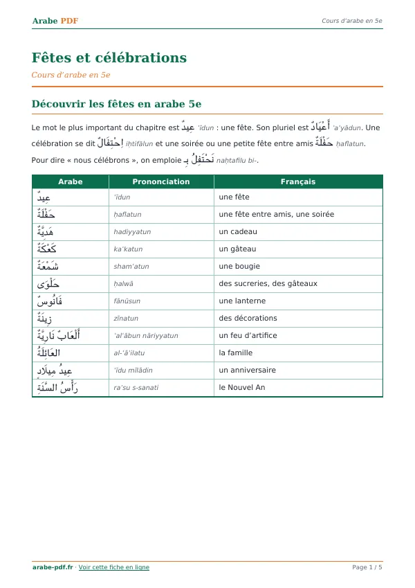 Cours « Fêtes et célébrations » en PDF