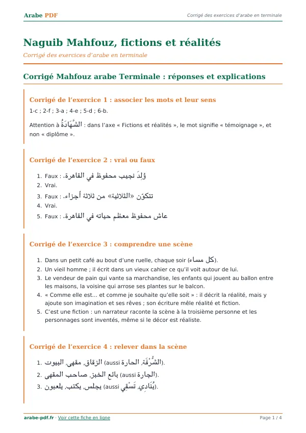 Corrigé « Naguib Mahfouz, fictions et réalités » en PDF