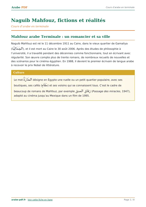 Cours « Naguib Mahfouz, fictions et réalités » en PDF