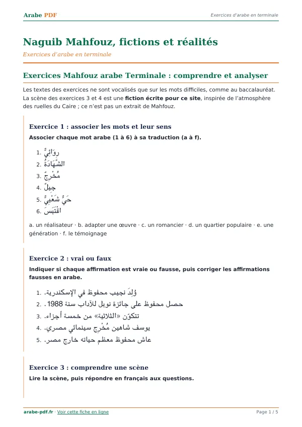 Exercices « Naguib Mahfouz, fictions et réalités » en PDF