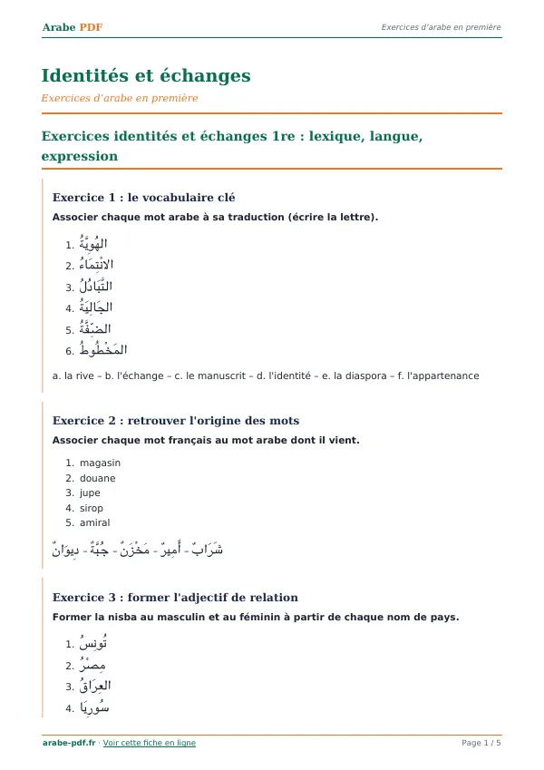 Exercices « Identités et échanges » en PDF