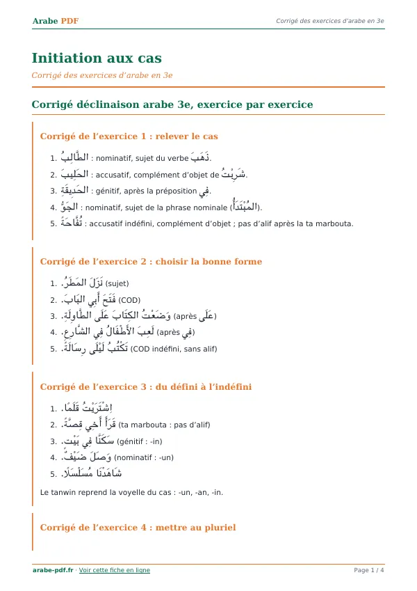 Corrigé « Initiation aux cas » en PDF