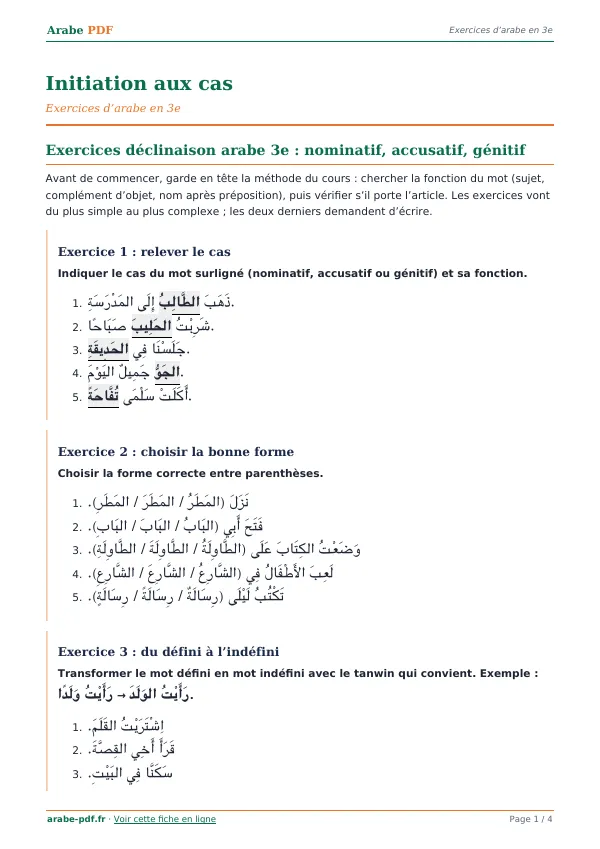 Exercices « Initiation aux cas » en PDF