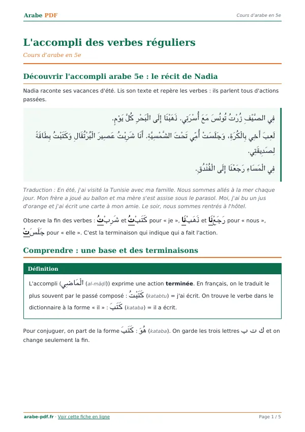 Cours « L’accompli des verbes réguliers » en PDF