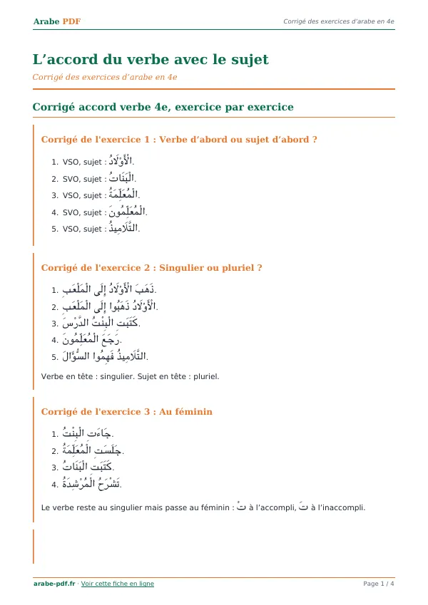 Corrigé « L’accord du verbe avec le sujet » en PDF
