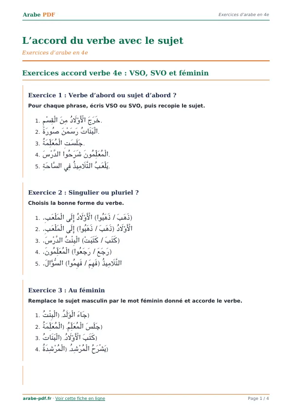 Exercices « L’accord du verbe avec le sujet » en PDF